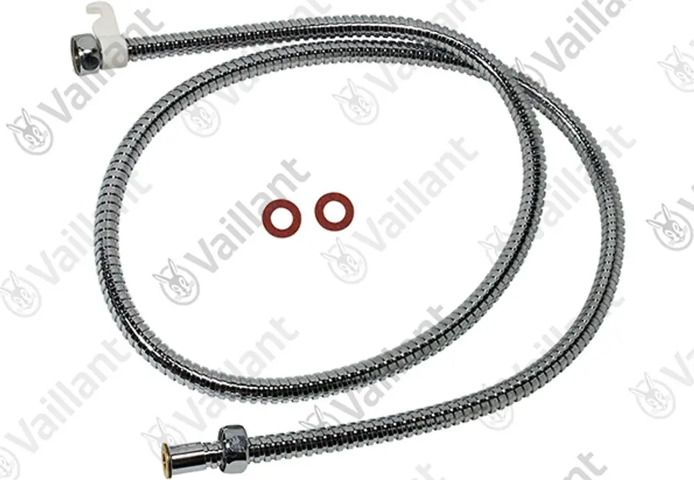 Vaillant Brauseschlauch mit zwei roten Dichtungen, flexibler Metallumantelung und einem Anschlussstück, geeignet für verschiedene Sanitärinstallationen.